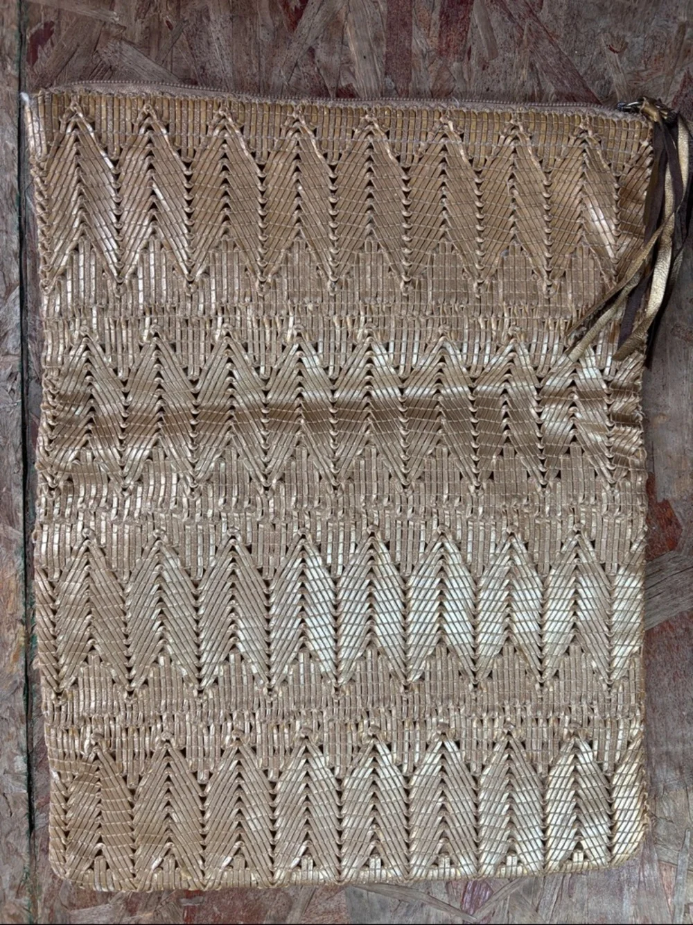 Ale By Alessandra La Pluma Gold Woven Clutch Purse Bag